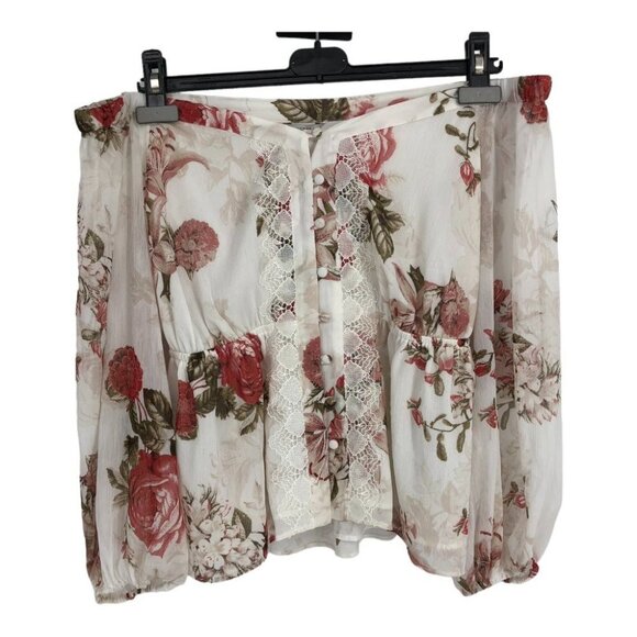 NWT Guess White & Red Floral Long sleeve Button Up Smocked Waist Cold Shoulder S - Picture 2 of 16